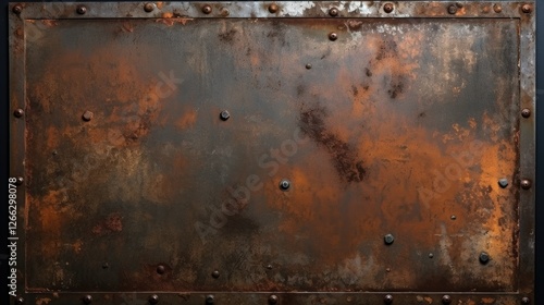 Rusty metal plate with rivets displaying weathered texture and aged surface, ideal for artistic and industrial-themed projects or backgrounds
