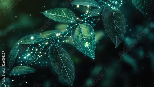 Green leaves with glowing digital connections in a forest setting