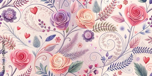 Whimsical Floral Design Featuring Heart-Shaped Roses and Intricate Swirls in Pastel Hues
