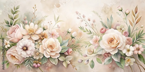 Elegant Watercolor Floral Arrangement Featuring Delicate Roses and Other Blossoms on a Soft, Neutral Background