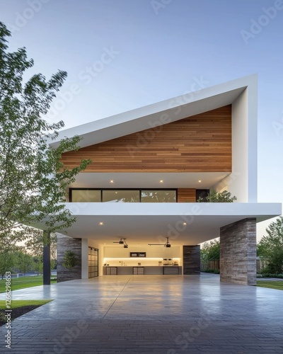 Modern luxury house facade with sharp roofline and wide garage entrance. Warm wood and stone textures at dusk. Confidence and smart investment. Ideal for real estate ads and architecture