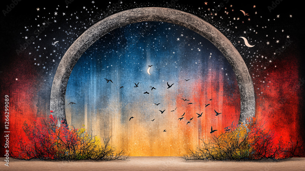 Fototapeta premium Ethereal archway with colorful sky, stars, and flying birds, creating mystical atmosphere. vibrant colors blend beautifully, evoking sense of wonder and tranquility