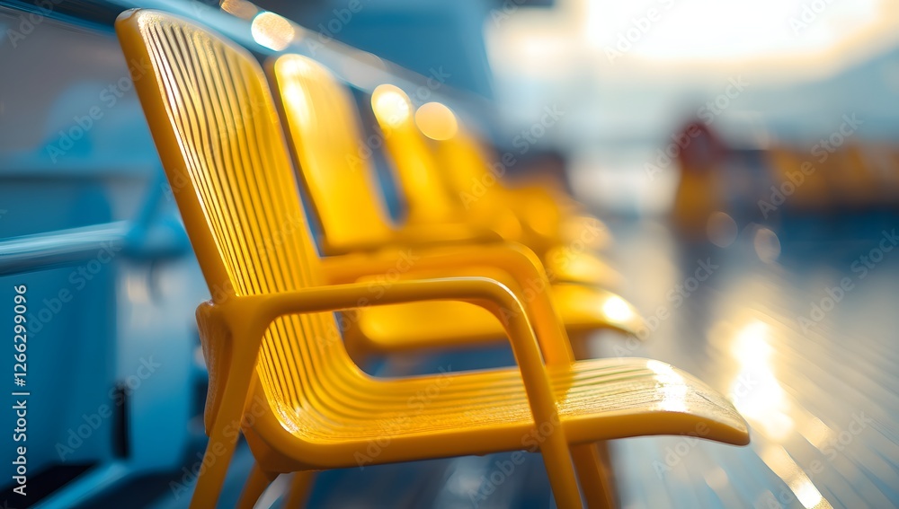Fototapeta premium Yellow plastic chairs on a ferry deck at dawn