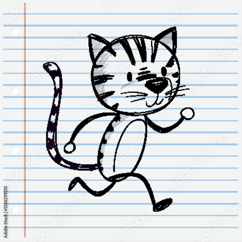 Playful Cat Sketch on Lined Paper