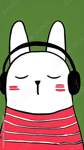 Cute cartoon easter bunny with headphones enjoys music in a playful green setting