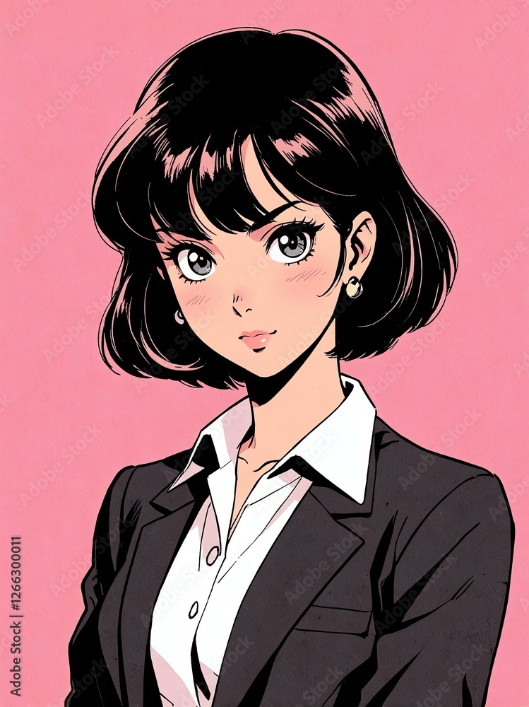 cute office woman isolated plain pastel pink background, anime retro drawing style cute office woman isolated plain pastel pink background, anime retro drawing style