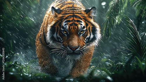Majestic tiger prowling through a lush rainforest during a rainstorm, showcasing its fierce expression