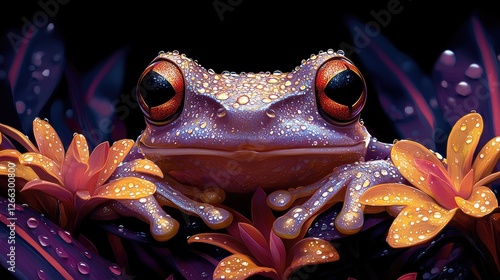 Colorful frog perched on vibrant flowers, glistening with dew in a lush, dark environment