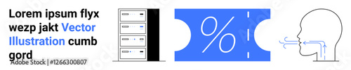 Data servers, percentage discount coupon, and exhaling figure highlight tech, promotions, communication, and user behavior. Ideal for technology, discounts, customer interaction breathing