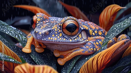 Colorful frog resting on vibrant leaves with rain droplets in a lush tropical environment