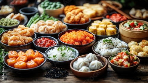 Vibrant assortment of Asian cuisine dishes displayed on wooden table with fresh ingredients nearby
