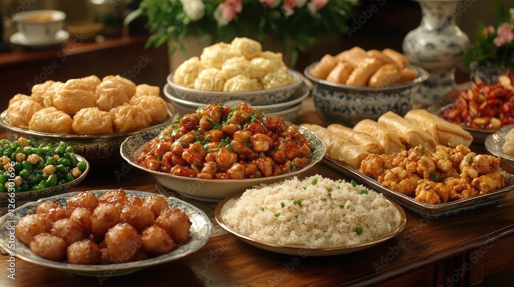 A vibrant display of various Asian dishes arranged elegantly on a wooden table with floral background A vibrant display of various Asian dishes arranged elegantly on a wooden table with floral background