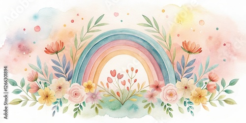 Fototapeta Naklejka Na Ścianę i Meble -  Pastel Rainbow and Delicate Floral Watercolor Design Featuring a Vibrant Arc of Color and a Lush Arrangement of Blossoms