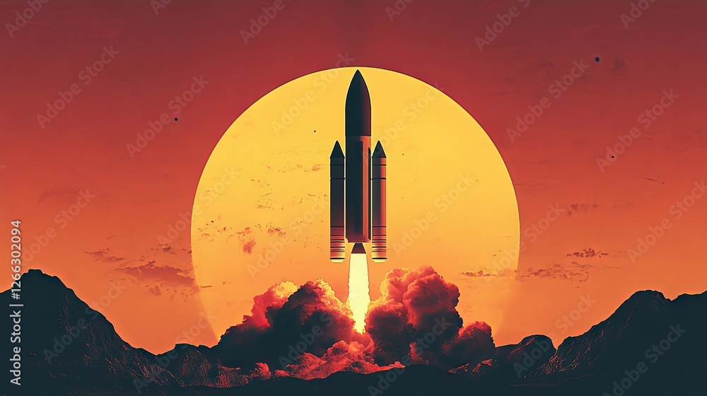 A futuristic rocket launch against a giant sun, casting an intense orange glow over alien mountains. The minimalist sci-fi digital art evokes space exploration, adventure, and cosmic mystery. A futuristic rocket launch against a giant sun, casting an intense orange glow over alien mountains. The minimalist sci-fi digital art evokes space exploration, adventure, and cosmic mystery.