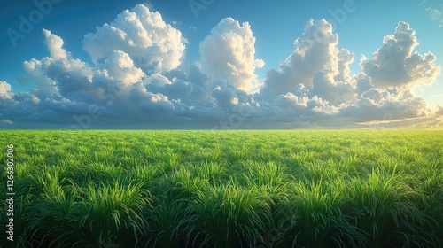 Lush green field under a vibrant sky with fluffy clouds, evoking tranquility and nature's beauty