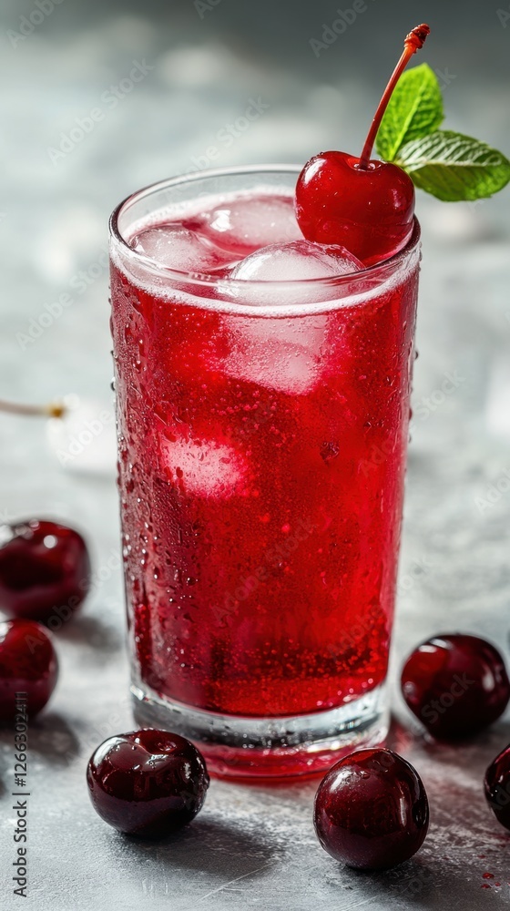 Cherry juice with ice and fresh cherries on a gray background Cherry juice with ice and fresh cherries on a gray background