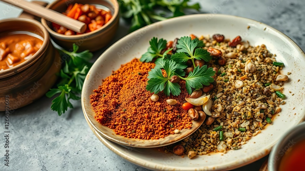 A variety of delicious and colorful Thai dishes beautifully displayed on a wooden table, spices, traditional, authentic A variety of delicious and colorful Thai dishes beautifully displayed on a wooden table, spices, traditional, authentic