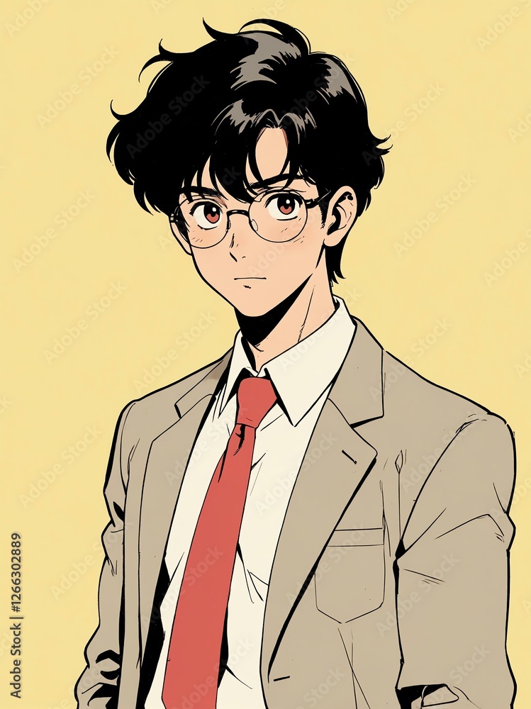 cute office man isolated plain pastel yellow background, anime retro drawing style cute office man isolated plain pastel yellow background, anime retro drawing style