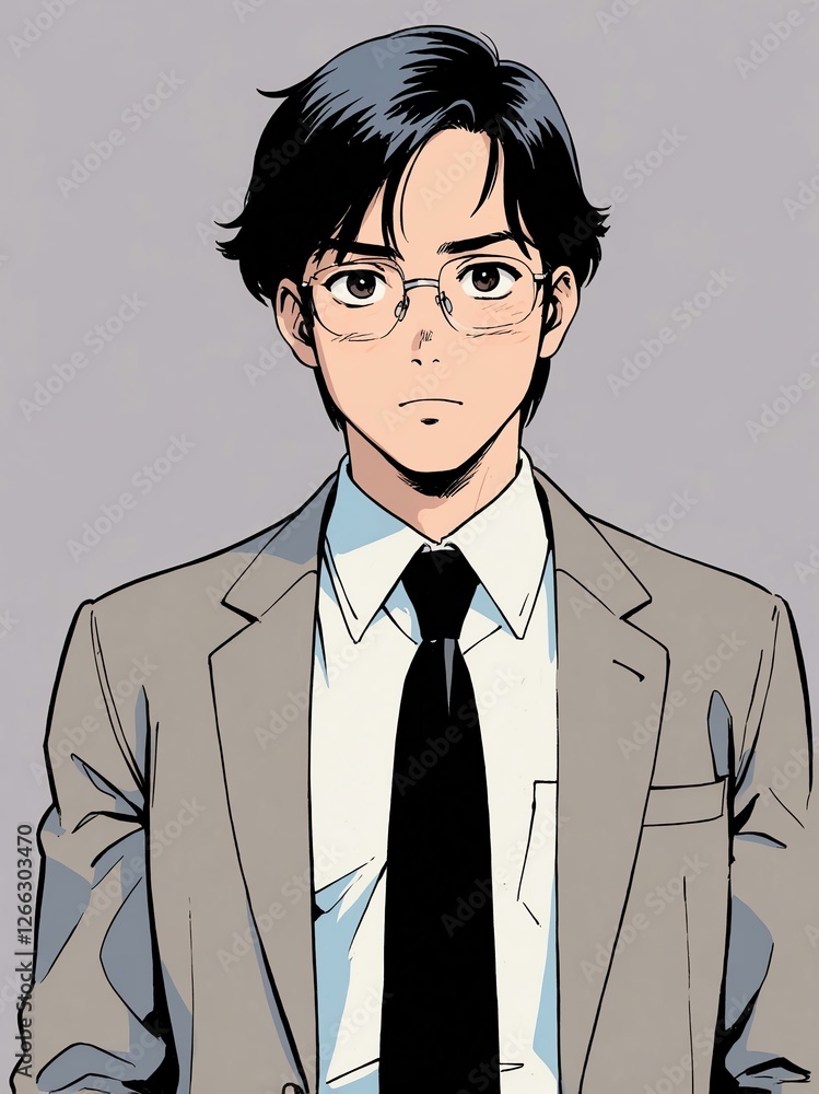 cute office man isolated plain pastel gray background, anime retro drawing style cute office man isolated plain pastel gray background, anime retro drawing style