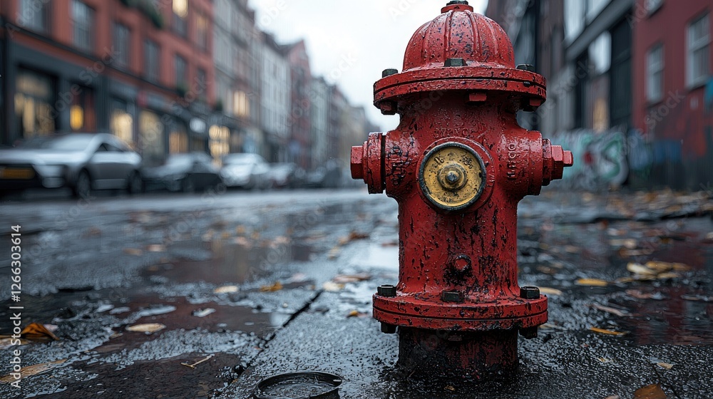 A vibrant red fire hydrant stands on a rainy city street, surrounded by wet pavement and urban buildings A vibrant red fire hydrant stands on a rainy city street, surrounded by wet pavement and urban buildings