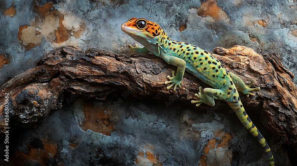 Obraz premium Vibrant Gecko on Weathered Wood: A Stunning Close-Up