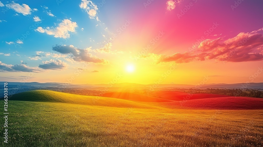 Vibrant sunset over rolling hills with colorful grass, creating a serene landscape view Vibrant sunset over rolling hills with colorful grass, creating a serene landscape view
