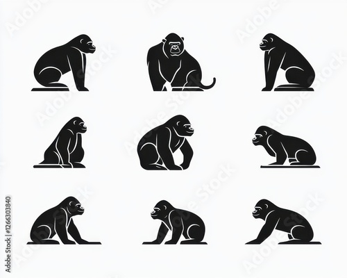 Black minimalist animal concept. Stylized illustrations of various gorilla poses showcasing their strong physique and unique expressions in a minimalist design. photo