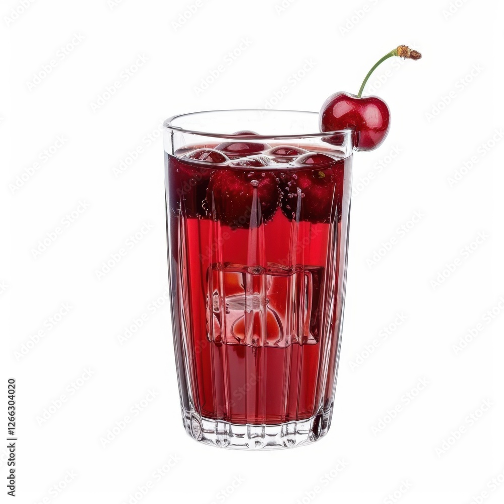 Cherry juice in a glass with fresh cherries on a white background Cherry juice in a glass with fresh cherries on a white background