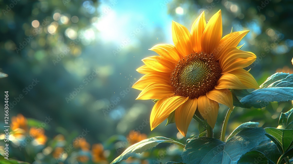 Naklejka premium Vibrant sunflower blooming in a sunlit garden surrounded by lush greenery and soft bokeh
