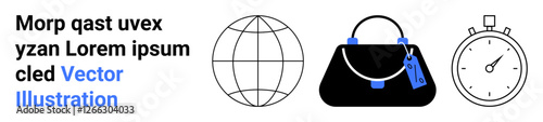 Globe for global reach, handbag with tags for shopping or fashion, stopwatch symbolizing time. Ideal for commerce, timing, planning, travel, marketing lifestyle business. Flat landing page banner