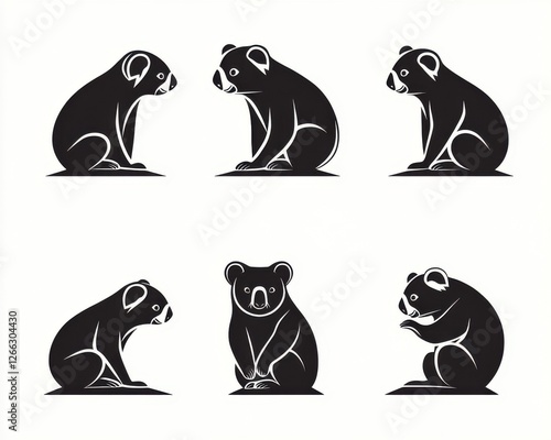 Black minimalist animal concept. Cute and stylized illustrations of a koala in various poses, showcasing its adorable features and unique expressions. photo