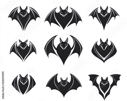 Black minimalist animal concept. Stylish bat icons in black and white, perfect for Halloween themes or gothic designs, showcasing unique artistic shapes and styles. photo