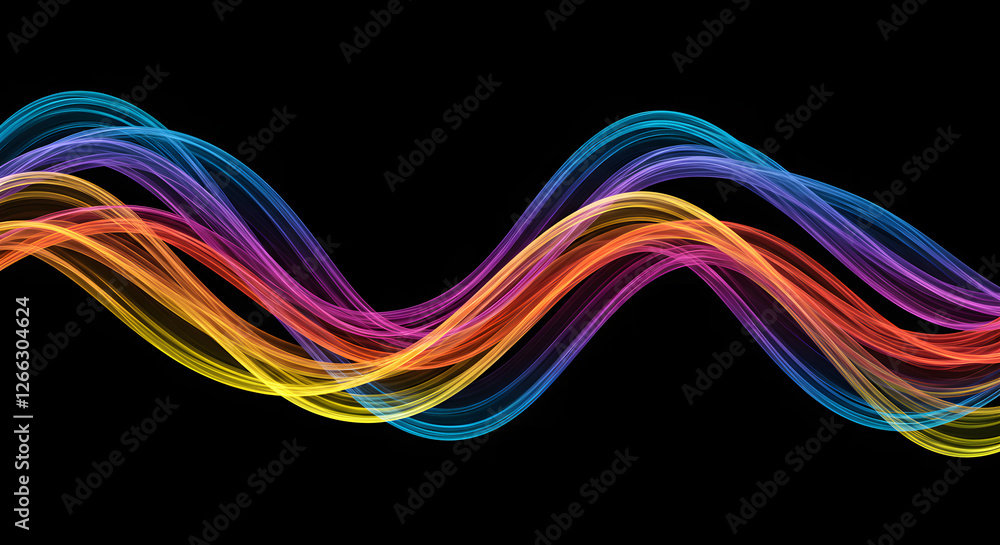 Naklejka premium Abstract wave lines pattern dynamic colorful light flowing isolated on a black background—the concept of music, party, technology, modern. Abstract flowing wavy lines. Colorful dynamic wave