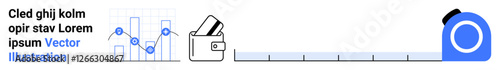 Graph data analysis with rising bars, wallet containing credit cards, blue measuring tape unrolled. Ideal for financial planning, business strategy, productivity tools, data analysis, budgeting