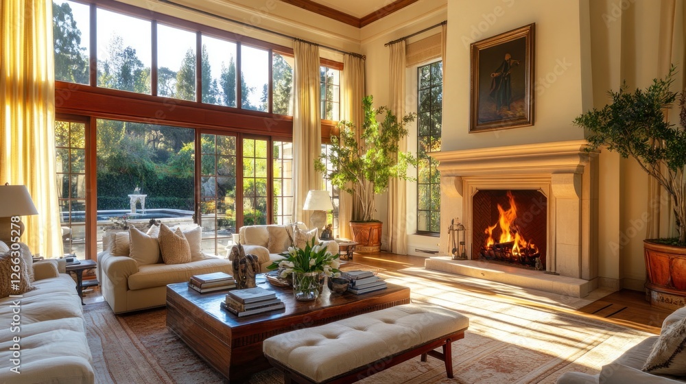 Fototapeta premium Elegant living room with high ceilings, large windows, and a cozy fireplace. Sunlight fills the space, highlighting the sophisticated furniture and warm decor