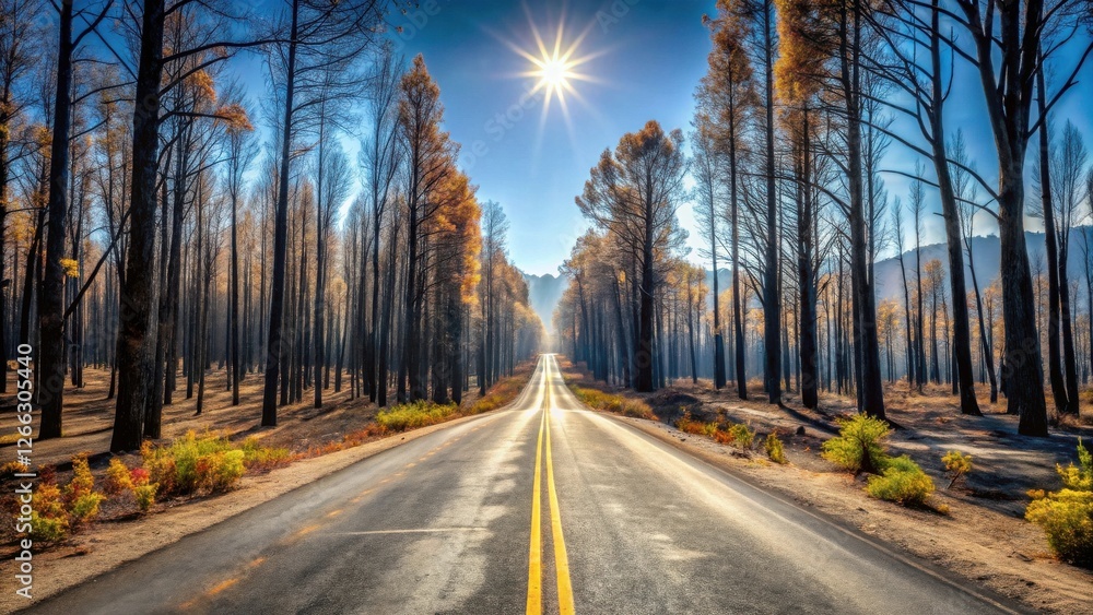 Fototapeta premium Asphalt Road Through a Sunlit Forest of Burned Trees, Leading to a Distant Horizon