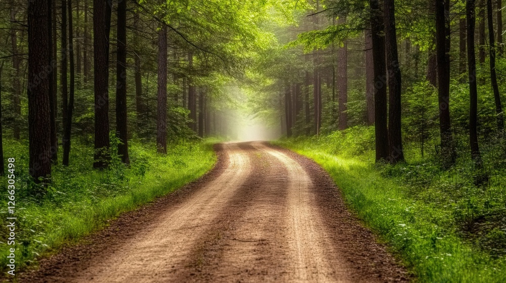 Fototapeta premium Serene forest path winding through lush greenery, sunlight filtering through trees, peaceful atmosphere
