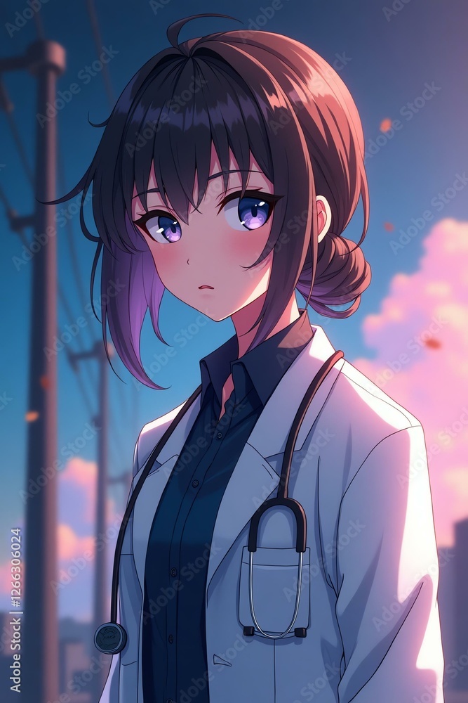 stunning illustration of anime portrait of a doctor character against an aesthetic background stunning illustration of anime portrait of a doctor character against an aesthetic background