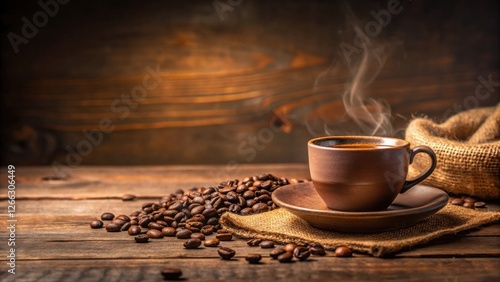 Aromatic coffee cup, steaming brew, burlap sack, roasted beans on rustic wood