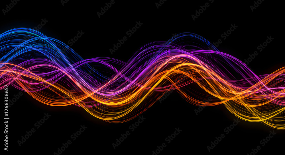 Naklejka premium Abstract wave lines pattern dynamic colorful light flowing isolated on a black background—the concept of music, party, technology, modern. Abstract flowing wavy lines. Colorful dynamic wave