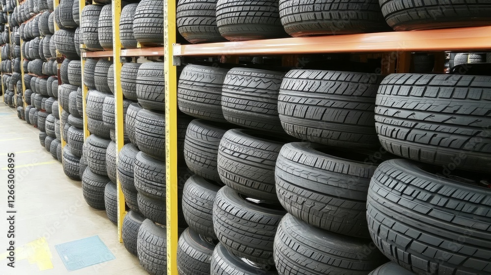 Warehouse filled with neatly stacked tires, showcasing inventory management and storage techniques Warehouse filled with neatly stacked tires, showcasing inventory management and storage techniques