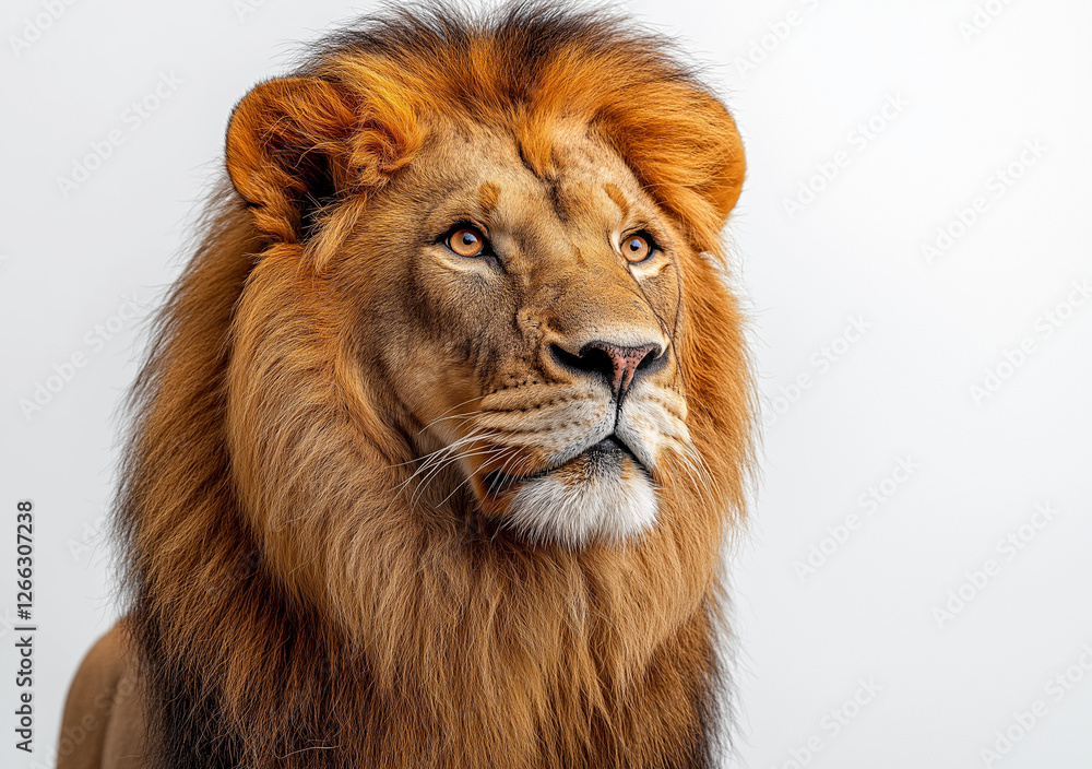 Fototapeta premium Majestic Male Lion with a Regal Mane Standing Proudly Against a White Background, Showcasing the Beauty and Strength of the King of the Jungle