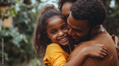 Happy family hugs outdoors, garden background, love photo