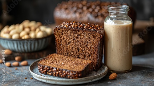 Sliced Nutty Loaf Bread with Almond Milk Drink photo