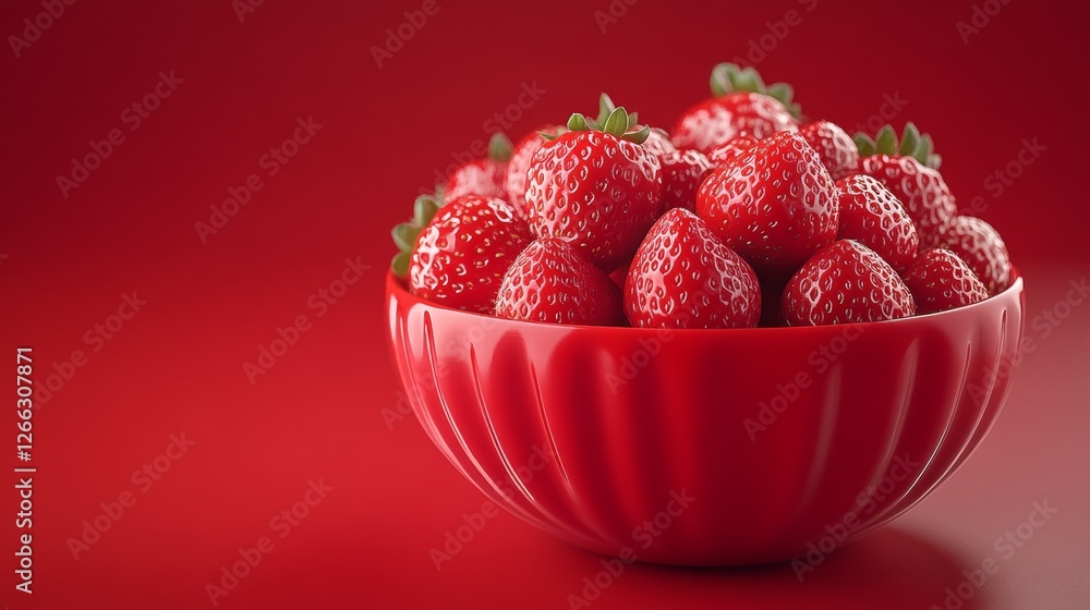 Bright red strawberries in a bowl against a vibrant red background showcasing freshness and color Bright red strawberries in a bowl against a vibrant red background showcasing freshness and color