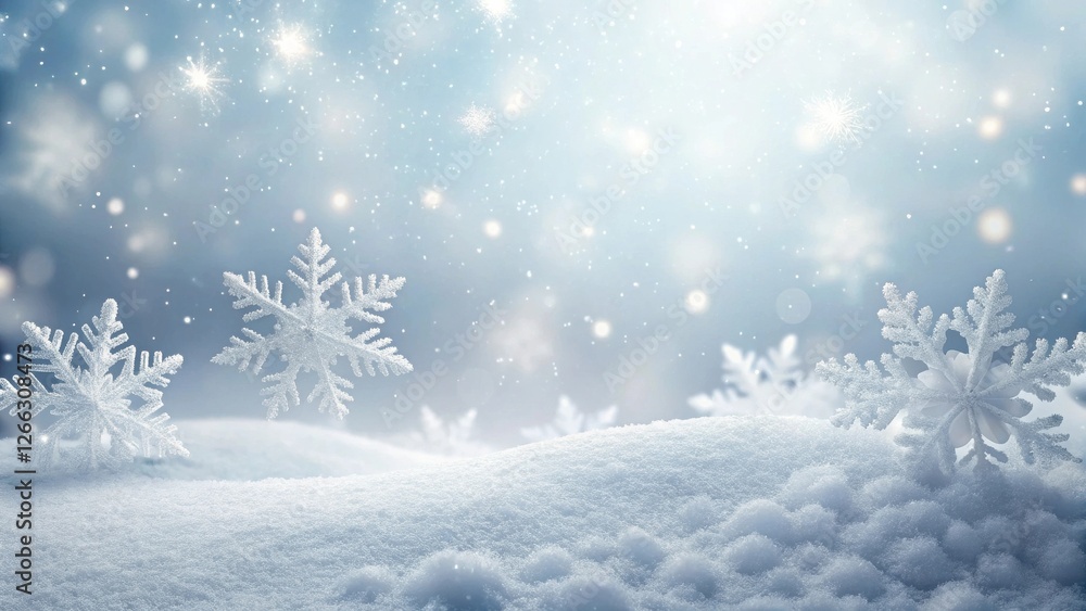 Winter Wonderland Scene Sparkling Snowflakes Adorn a Pristine Snowdrift Under a Serene, Light-Blue Sky with a Gentle, Soft Glow Winter Wonderland Scene Sparkling Snowflakes Adorn a Pristine Snowdrift Under a Serene, Light-Blue Sky with a Gentle, Soft Glow