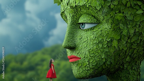 A surreal scene featuring a giant, green, leaf-covered face gazing down at a small figure in a red dress, blending nature and imagination.