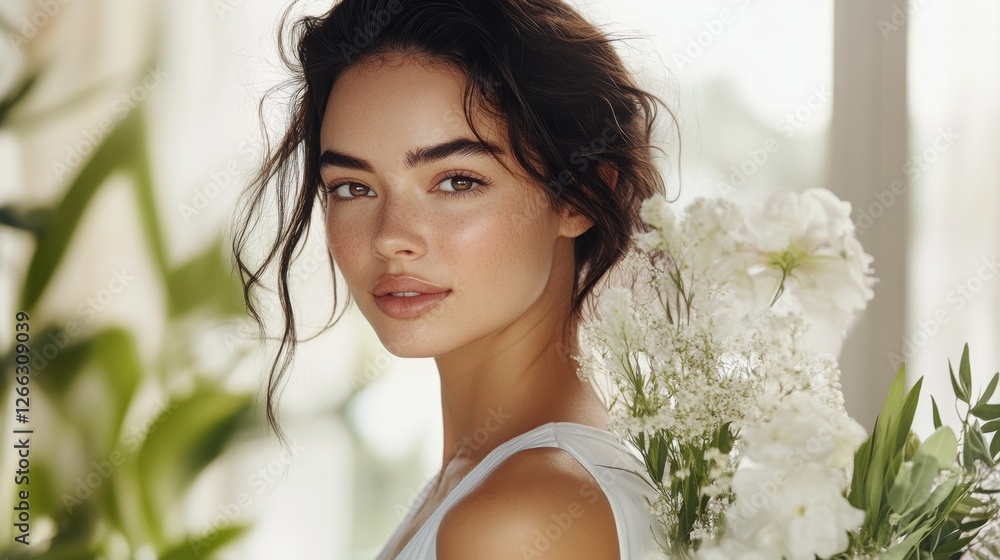 Young woman holding white flowers indoors, showcasing natural beauty and soft lighting in a cozy setting Young woman holding white flowers indoors, showcasing natural beauty and soft lighting in a cozy setting