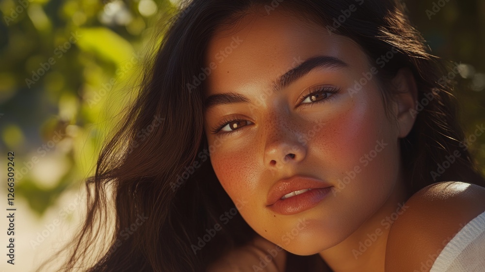 Capturing the natural beauty of a woman with sun-kissed skin in a lush outdoor setting during golden hour Capturing the natural beauty of a woman with sun-kissed skin in a lush outdoor setting during golden hour