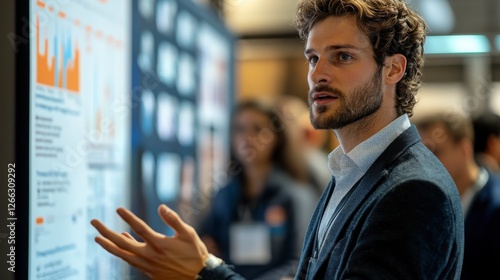 A man presents data at a conference, gesturing towards a display board filled with graphs and statistics, engaging with an audience.